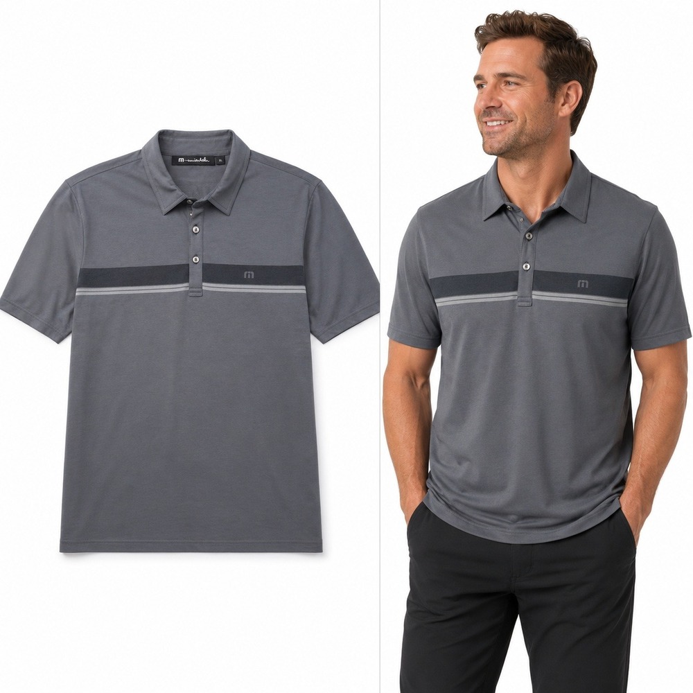 TravisMathew‎ Mens XL Gray Short Sleeve Striped Golf Polo Shirt Stretch 731